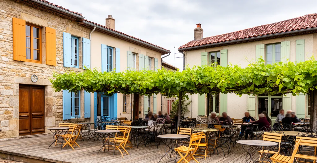 Place de village béarnais avec terrasse de café et maisons colorées